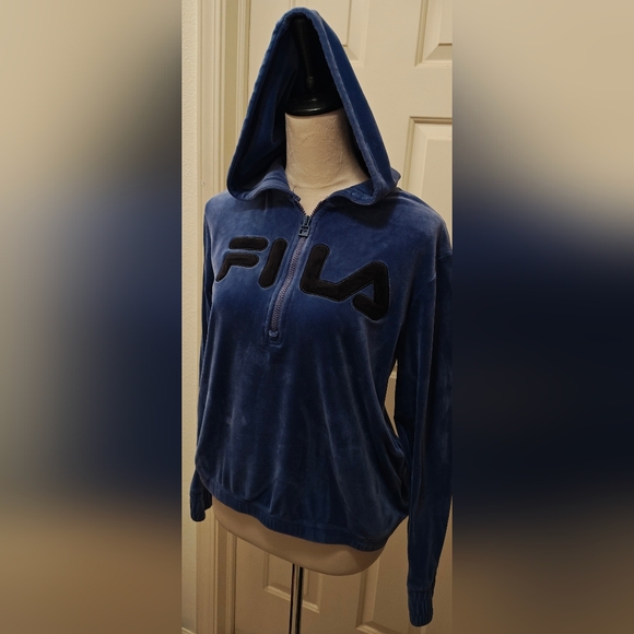 Fila Blue Velour Half Zip Hoodie w Black Logo. - Picture 3 of 14